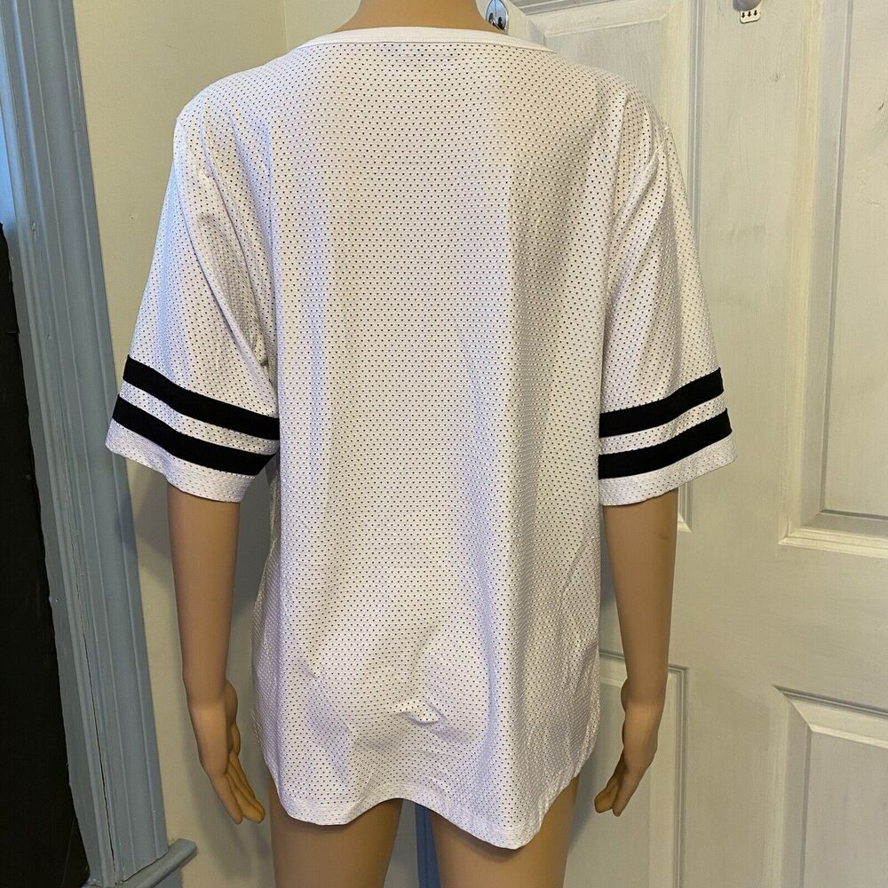 Y2K Bebe Sport Womens L Mesh Jersey White Black Shirt Striped Teamfree Short Slv - Picture 5 of 7